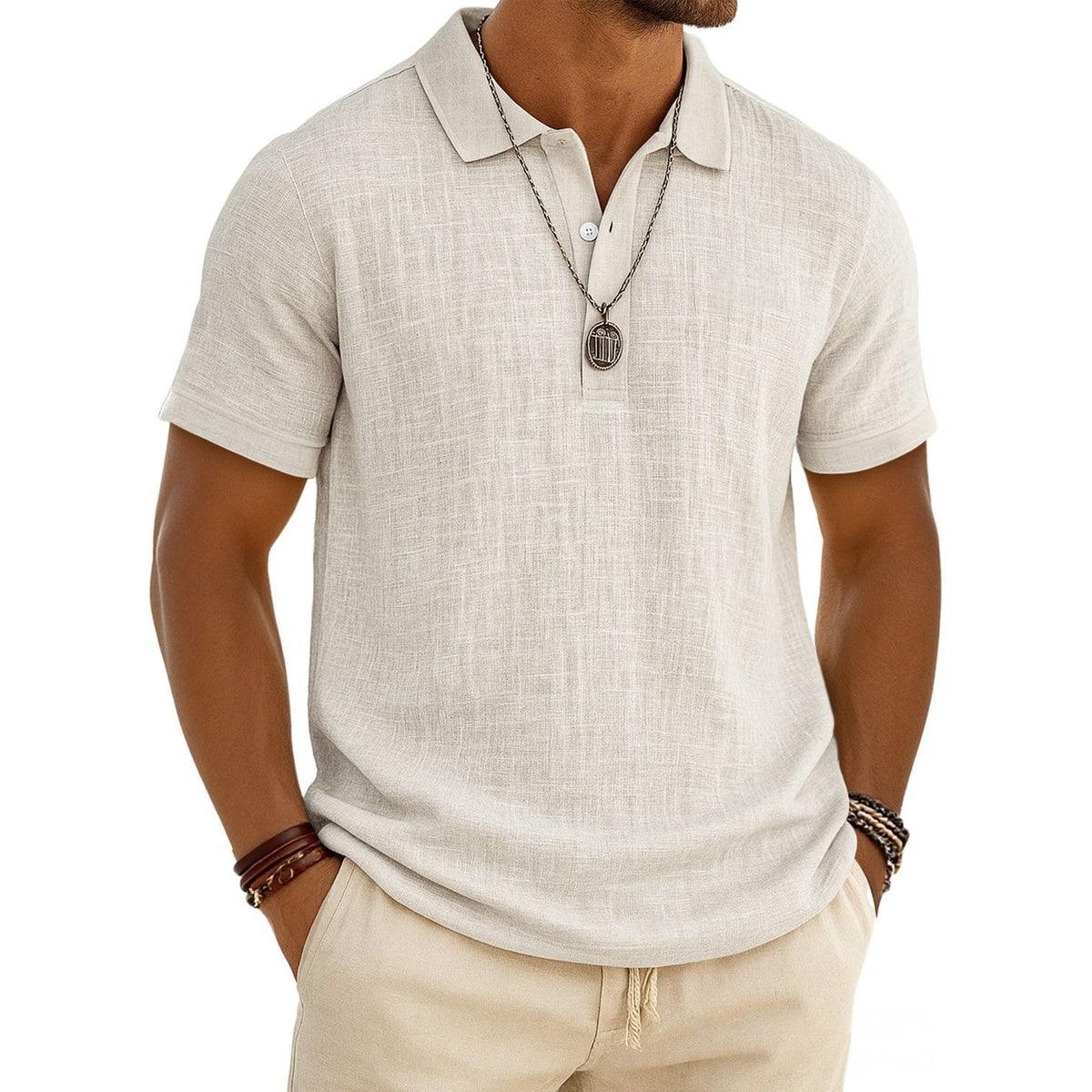 Men's Slub Cotton-Linen Casual Polo Shirt