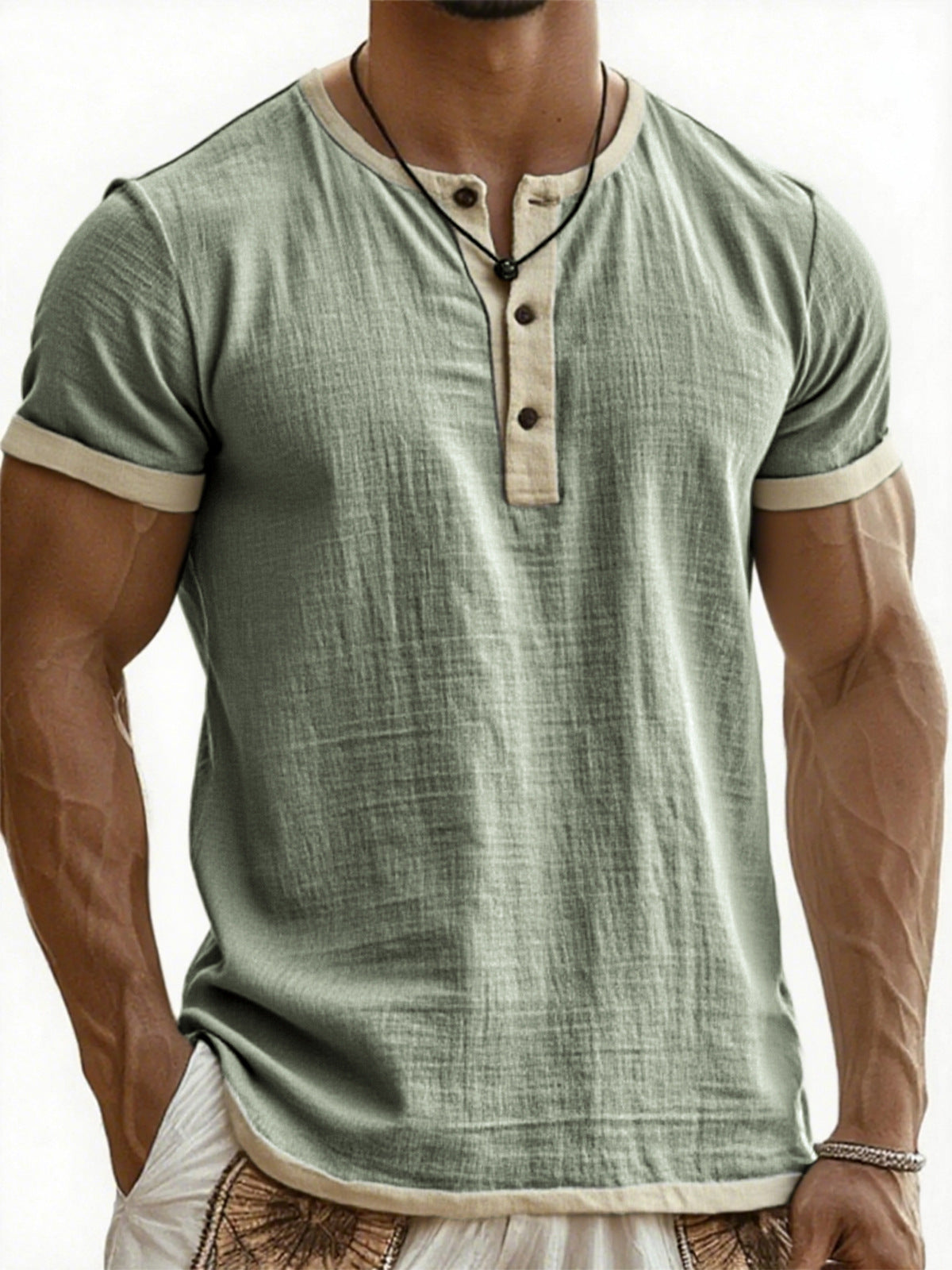 Men's Cotton Linen Casual Henley T-Shirt