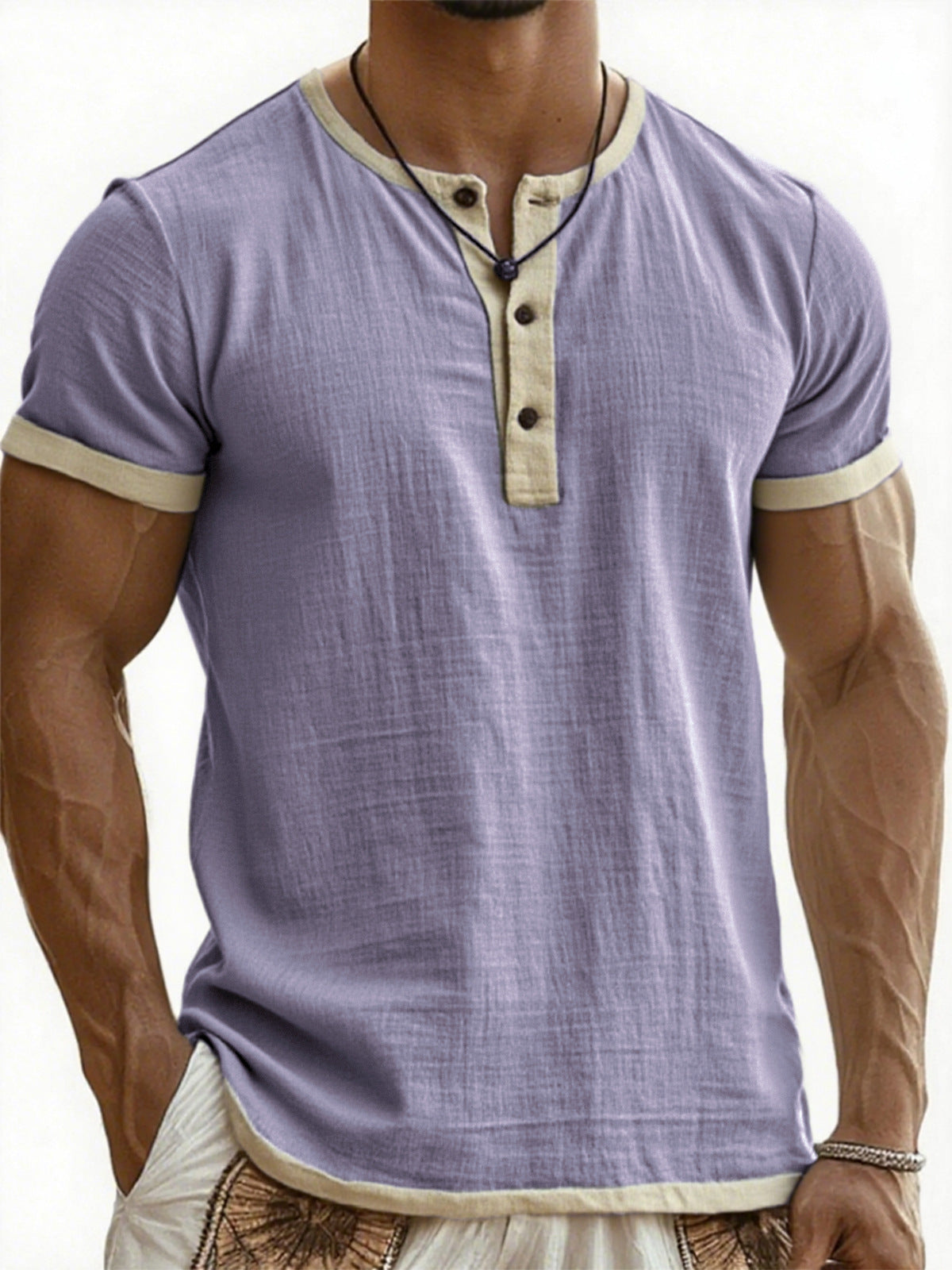 Men's Cotton Linen Casual Henley T-Shirt