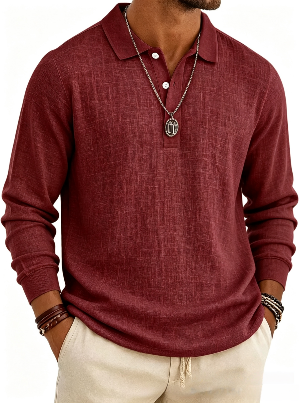 Men's Long Sleeve Cotton Linen Casual Polo Shirt