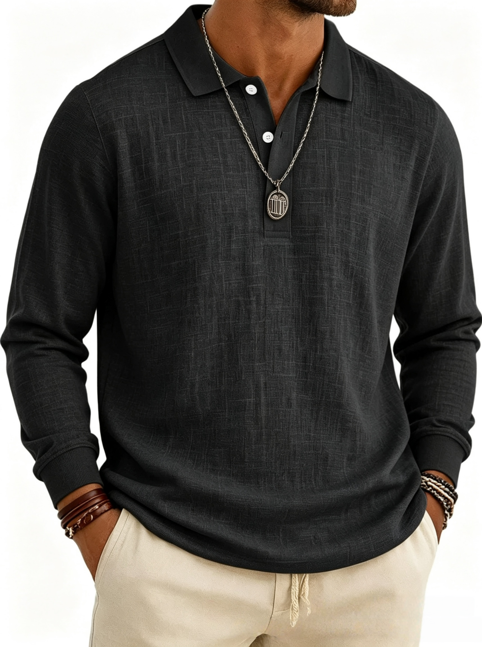 Men's Long Sleeve Cotton Linen Casual Polo Shirt