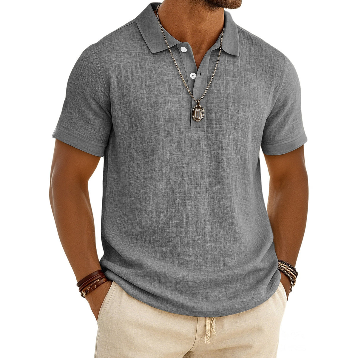 Men's Slub Cotton-Linen Casual Polo Shirt